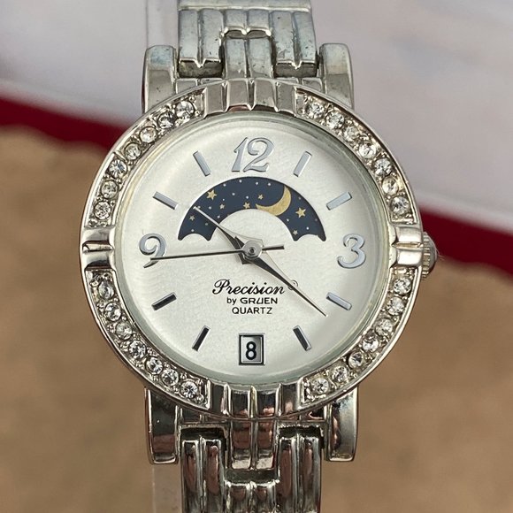 Vintage Gruen Precision Silver Tone Moonphase Quartz Watch with Crystal Bezel